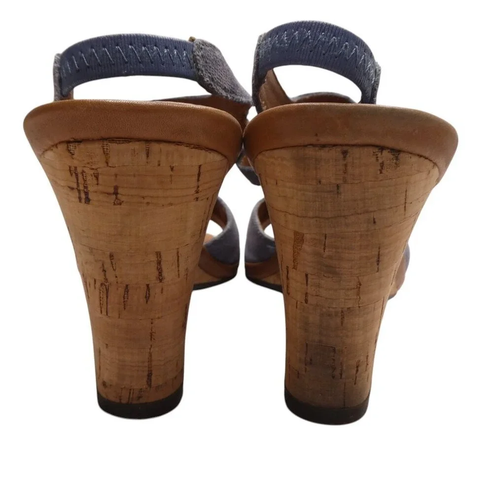 The FLEXX Wedge‎ Sandal Women 8.5 Blue Textured Leather Cork T-Strap Slingback